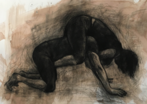 Wrestlers, 2016, Charcoal and wash on paper
